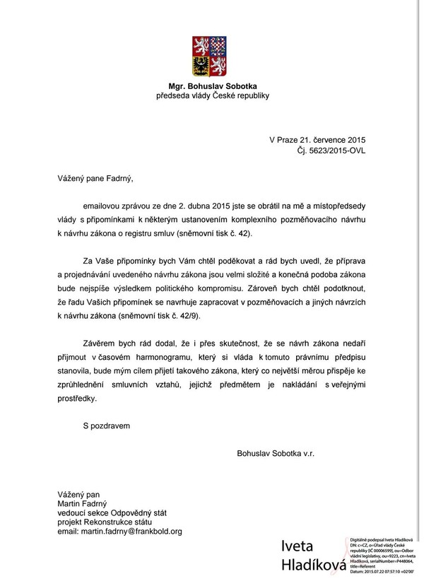 Dopis Bohuslava Sobotky k registru smluv